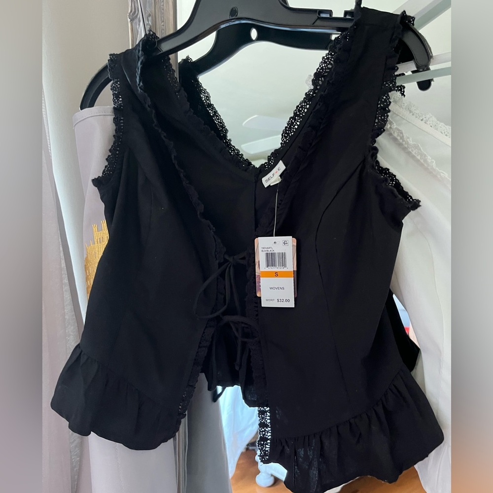 Peasant style Black Lace Trim Crop Top